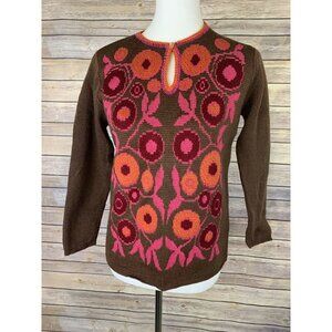 Vintage Jack Winters Womens Floral Sweater Keyhole Neckline Brown Pink Hippie